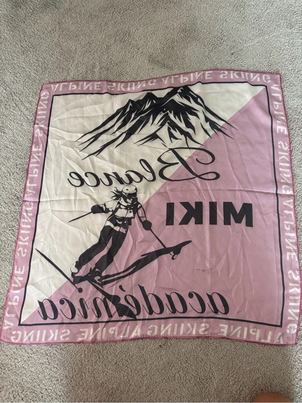 Vintage Miki Blance Academica Pink & Cream Ski-Themed Square Scarf